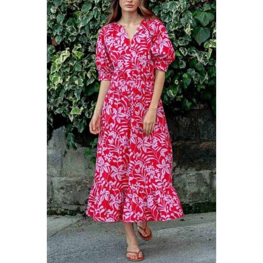 Voyageur by Mersea Hedy Tropical Floral Vine Tiered Midi Maxi Dress Mer Sea XL - Picture 1 of 14